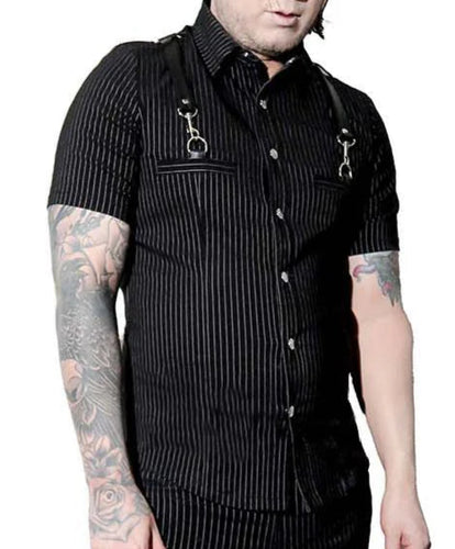 Model wearing a black and white pinstripe tip with tattoos on arms against a white background