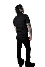 Load image into Gallery viewer, Model wearing a black and white pinstripe tip with tattoos on arms against a white background
