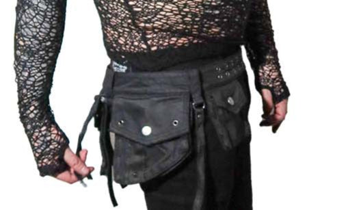 Model wearing a black utility belt on white background
