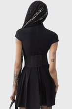 Load image into Gallery viewer, Person wearing a black dress with a belt on a white background
