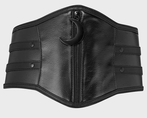 Black vegan leather fashion belt with a zipper and moon on a light gray background