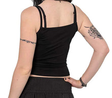 Load image into Gallery viewer, Model wearing a black tank top with white text that says &#39;LOVE SEX ROMANCE&#39; on a white background
