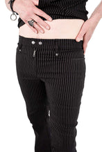 Load image into Gallery viewer, Model wearing black and white pinstripe pants worn n a white background
