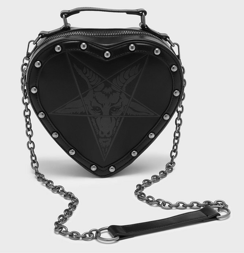 Black heart-shaped handbag with chain detail on a white background