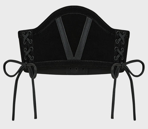 Black leather corset with lace-up details on a white background