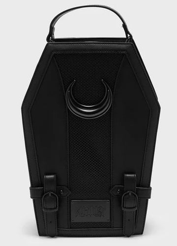Black backpack on a light gray background