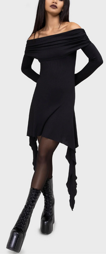 Model wearing a black off-shoulder long sleeve dress against a white background
