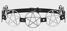 Load image into Gallery viewer, Black vegan leather belt with silver pentagram designs on a white background
