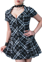 Load image into Gallery viewer, Model wearing black and white plaid dress on a white background
