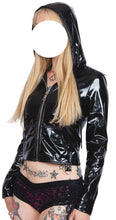 Load image into Gallery viewer, Model wearing a black vinyl jacket on a white background
