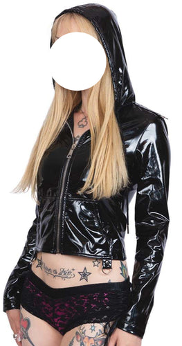 Model wearing a black vinyl jacket on a white background