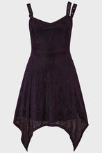 Load image into Gallery viewer, Black and purple dress with cathedral pattern details on a white background
