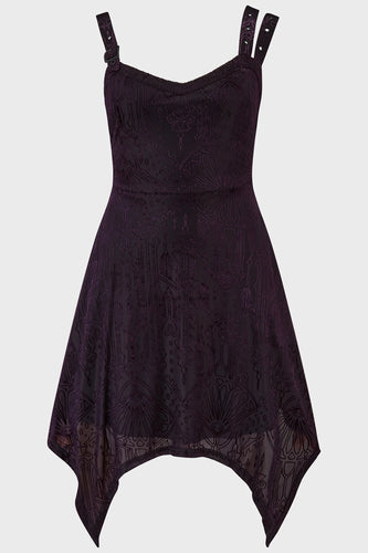 Black and purple dress with cathedral pattern details on a white background