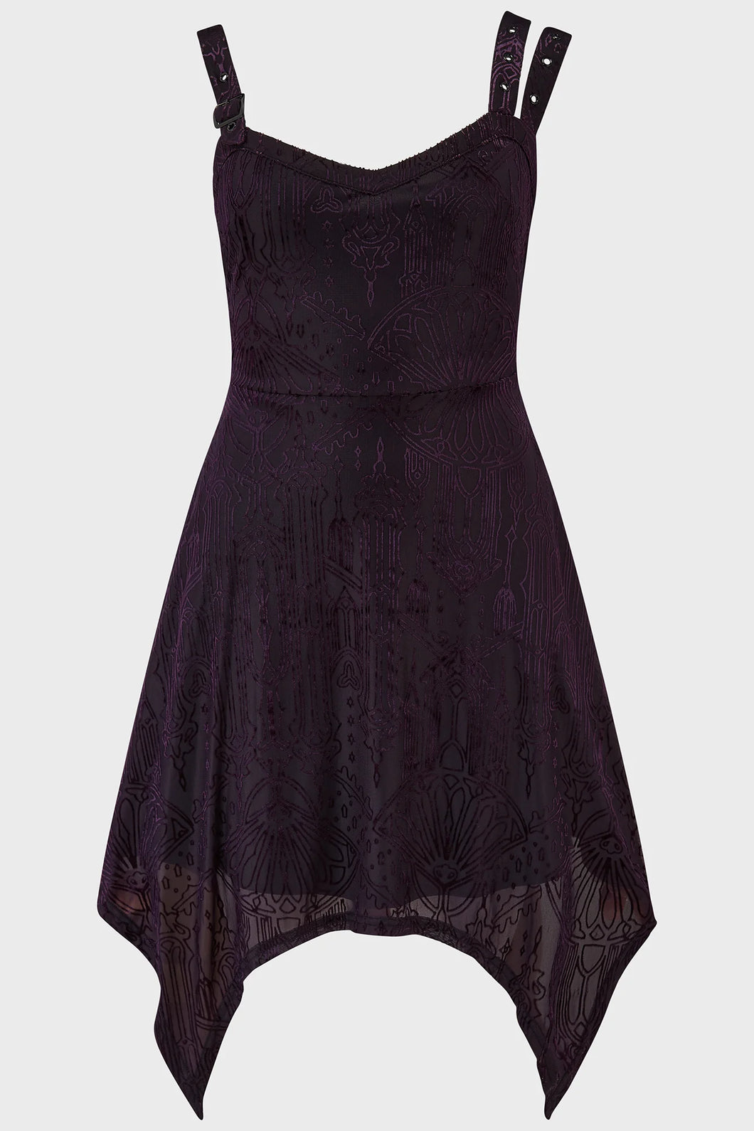Black and purple dress with cathedral pattern details on a white background