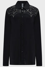 Load image into Gallery viewer, Black button up shirt with spider web designs near collar on a white background
