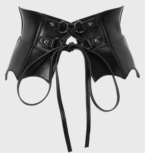 Black vegan leather corset belt with decorative elements on a light gray background