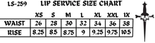 Load image into Gallery viewer, Lip service size chart with measurements for waist and rise, featuring a skull design.
