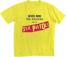 Load image into Gallery viewer, Yellow t-shirt with 'Sex Pistols' text design on a white background
