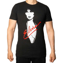 Load image into Gallery viewer, Black t-shirt with a graphic design and 'Elvira' text on a white background
