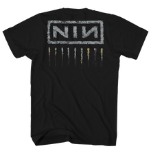 Load image into Gallery viewer, Black t-shirt with a logo on the back against a white background
