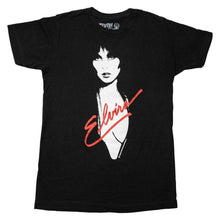 Load image into Gallery viewer, Black t-shirt with a graphic of a woman and 'Elvira' text on a white background
