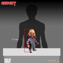 Load image into Gallery viewer, Mezco Toyz Chucky doll with height measurement against a person's silhouette
