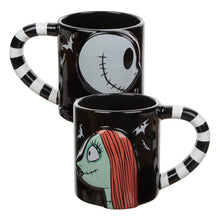 Load image into Gallery viewer, Black mugs (set of 2). One mug has Jack Skellington from a side profile and one mug has Sally from a side profile. Handles are black and white striped. Back of mugs have tombstones that read &quot;Nightmare Before Christmas&quot; with Zero underneath.
