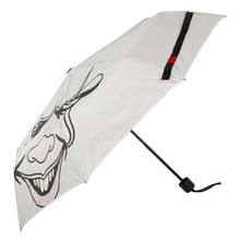 Load image into Gallery viewer, White umbrella with Pennywise IT clown face screen printed on it. Color changing art when wet.
