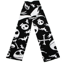 Load image into Gallery viewer, Black and white jacquard knit scarf with Jack Skellington, Zero, Bones and Bats all over print.
