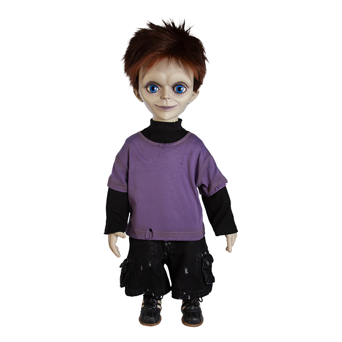 Doll is clothed with black jeans, long sleeve black shirt with short sleeve purple shirt layered over top and black shoes with white side stripes.