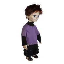 Load image into Gallery viewer, Doll is clothed with black jeans, long sleeve black shirt with short sleeve purple shirt layered over top and black shoes with white side stripes.

