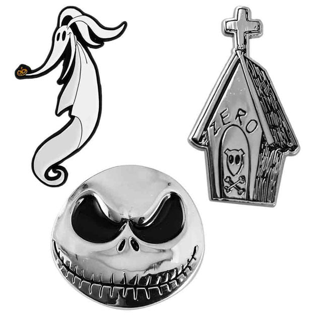 Set of 3 collectible silver pins with black details. Pins are: Zero, Zero's gravestone and Jack's head.