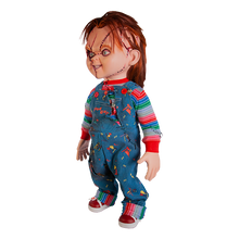 Load image into Gallery viewer, Doll is clothed with good guy overalls, long sleeve shirt and red sneakers. Doll has two black eyes and scars/stitches along face
