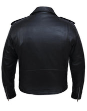 Load image into Gallery viewer, back view of black real leather motorcycle style with snap down label, motorcycle style collar. epaulets and asymmetrical zipper.
