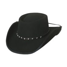 Load image into Gallery viewer, Premium black wool fashion felt cowboy hat with black leather band around base with stud details all around
