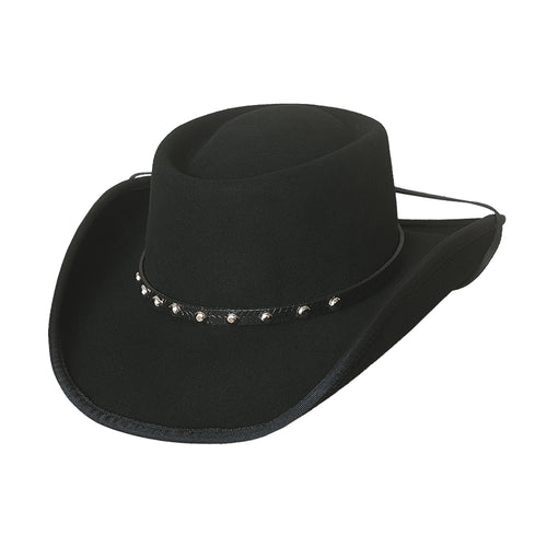 Premium black wool fashion felt cowboy hat with black leather band around base with stud details all around
