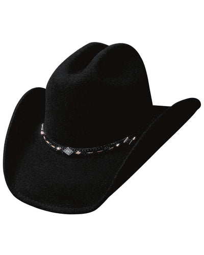Black felt cowboy hat with leather band design around base of hat with diamond shaped silver emblem on front