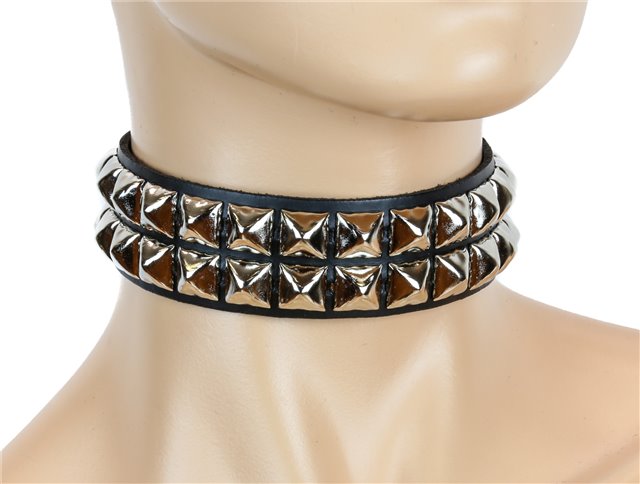 mannequin displaying black leather collar with two rows of silver pyramid studs