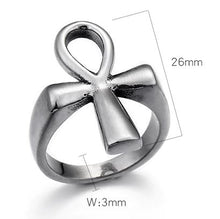 Load image into Gallery viewer, Silver colored stainless steel ankh symbol ring.
