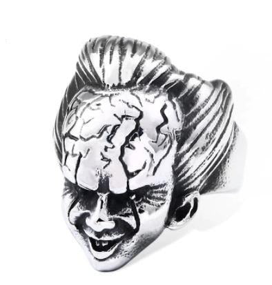 silver colored pennywise the clown head ring