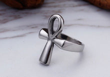 Load image into Gallery viewer, Silver colored stainless steel ankh symbol ring.
