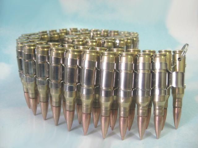 .308 brass bullet belt with copper plated tips and nickel plated links