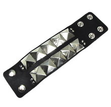 Load image into Gallery viewer, Black Leather Bracelet w/ 2 Rows of XL Silver Pyramid Studs
