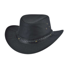 Load image into Gallery viewer, Black weathered cotton cowboy hat with three O ring air holes on the left side and braided leather around base of hat
