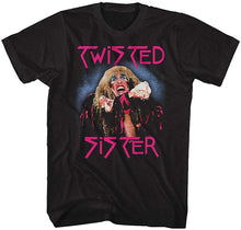 Load image into Gallery viewer, black band shirt with twisted sister logo and dee snider open mouth graphic
