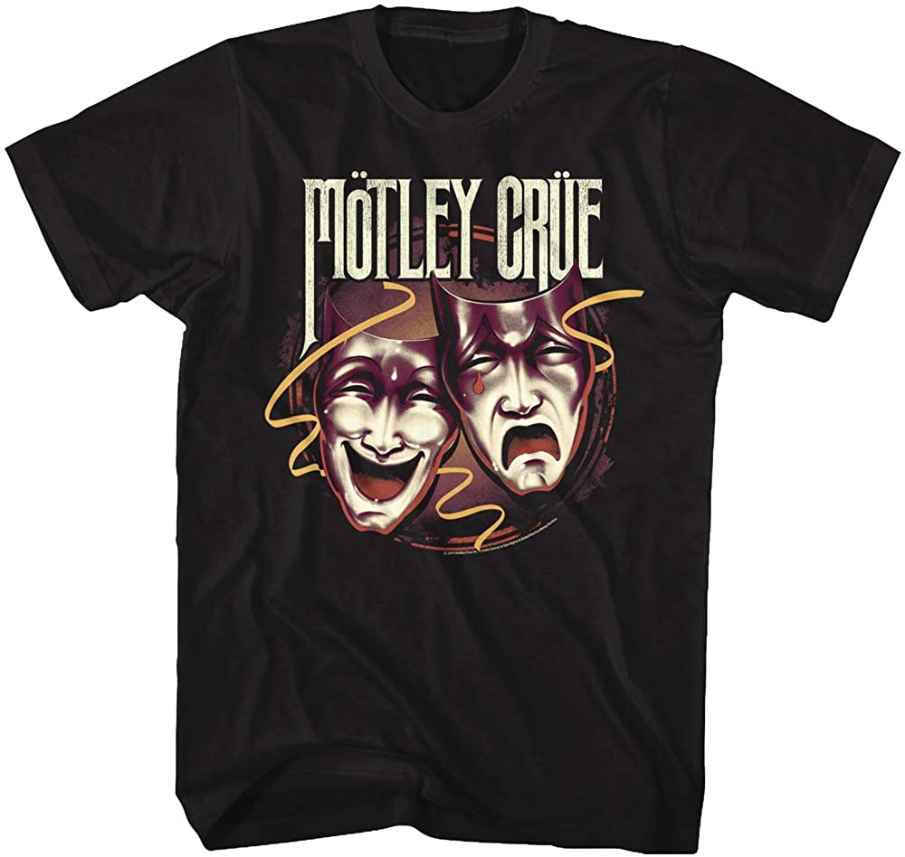 black unisex motley crue shirt with logo and theatre of pain happy sad masks