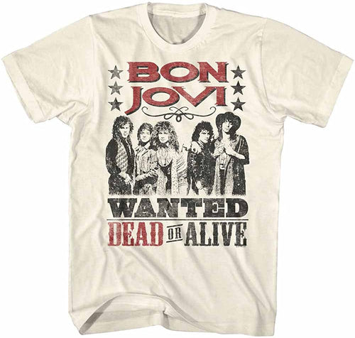 off white natural white bon jovi shirt with red logo on top, old school band picture in middle and text on the bottom that reads 