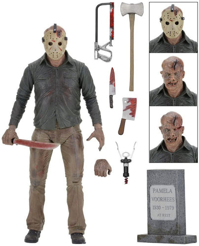 Based on Jason Voorhees from the 1984 film Friday the 13th: The Final Chapter. Figure comes with 2 masks, 2 interchangeable head sculpts, knife, corkscrew, tombstone, hacksaw, cleaver, machete and axe. Machete can slide into Jason's head.  Action figure is in a window friendly box perfect for collectors.