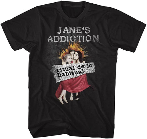 jane's addiction shirt with logo and censored ritual de lo habitual album cover art with text that reads 