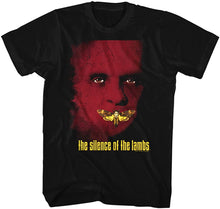 Load image into Gallery viewer, black silence of the lambs movie shirt with red hannibal (anthony hopkins) graphic and the silence of the lambs logo

